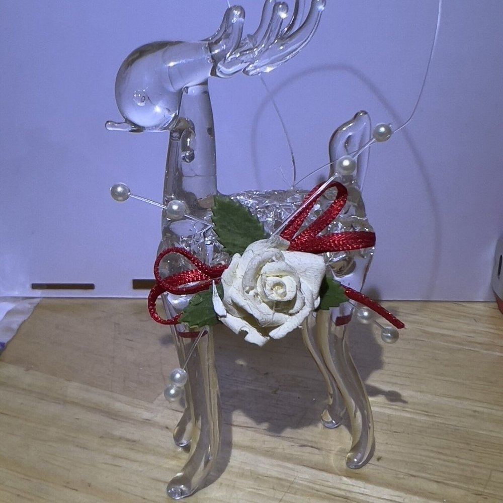 Handblown Clear Glass Rose Rudolph Reindeer Christmas‎ Ornament 3.5x2in